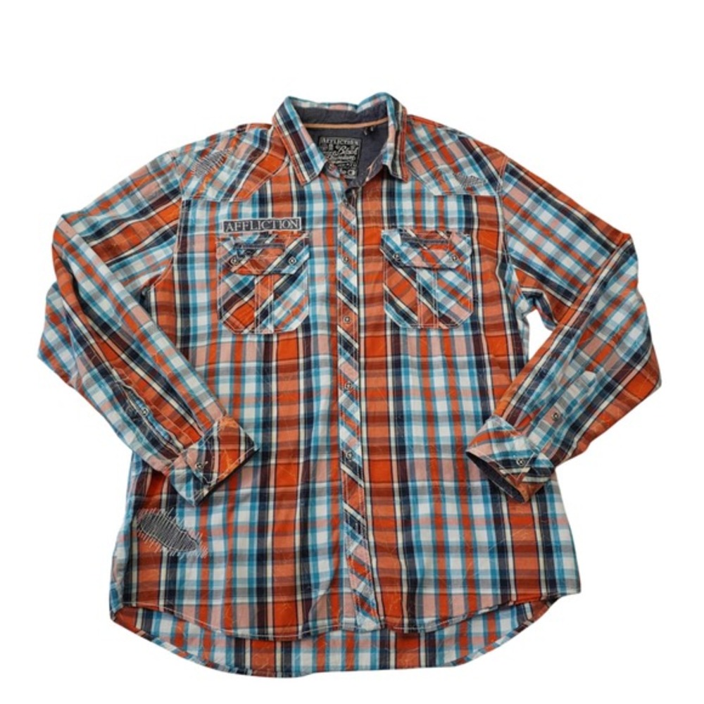 Affliction Black Premium Buckle Mens 3XL Slim Fit Plaid Button Down Shirt Orange